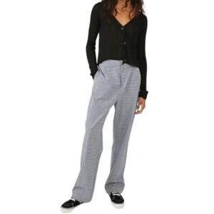 Free People Pants Womens Large Kate Blue White Gingham Cropped Wide Leg Cotton‎